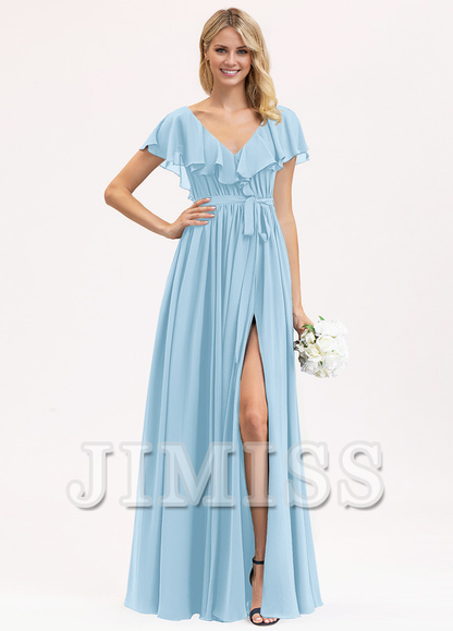 A-line V-neck floor-length chiffon bow tiered ruffle bridesmaid dress