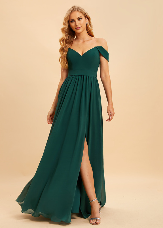 A-line off-the-shoulder floor-length chiffon bridesmaid dress