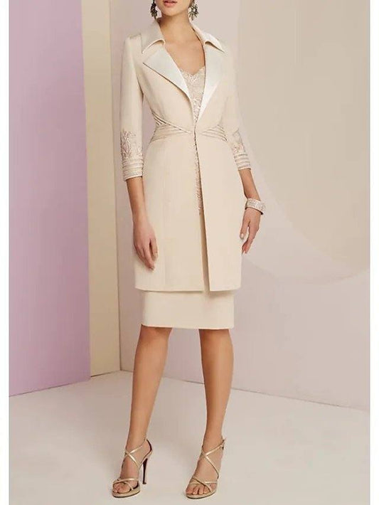 Sheath / Column Mother of the Bride Dress Elegant V Neck Knee Length Polyester Half Sleeve with Ruching - RongMoon