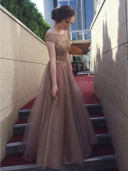A-Line Bateau Neck Floor Length Tulle / Sequined Bridesmaid Dress with Sequin - RongMoon