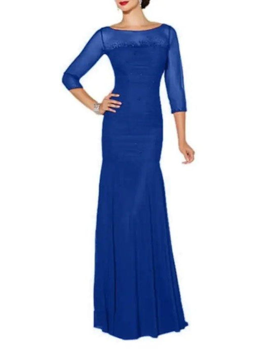 Mermaid / Trumpet Mother of the Bride Dress Elegant Bateau Neck Floor Length Chiffon Tulle 3/4 Length Sleeve with Lace Appliques - RongMoon