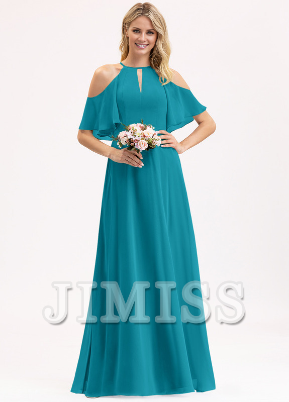 A-line off-the-shoulder scoop neck floor-length chiffon bridesmaid dress