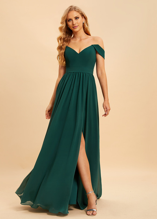 A-line off-the-shoulder floor-length chiffon bridesmaid dress