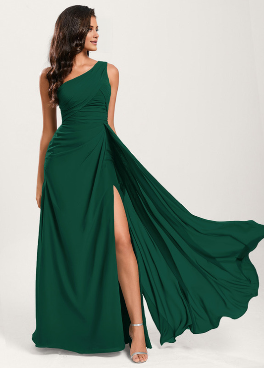 Ruffled A-line One Shoulder Floor Length Chiffon Bridesmaid Dress