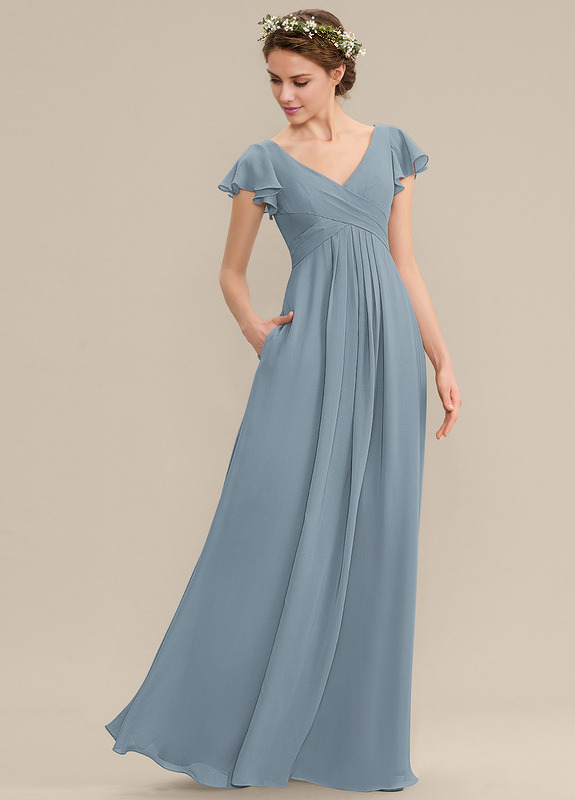 Tiered Ruffle A-Line V-Neck Floor-Length Chiffon Bridesmaids Dress