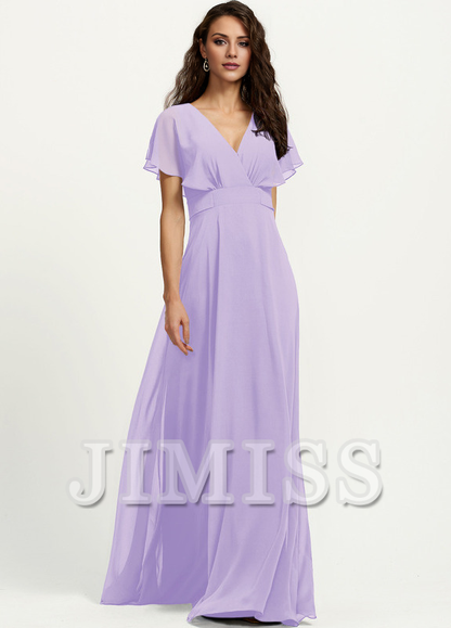 A-line V-neck floor-length chiffon bridesmaid dress