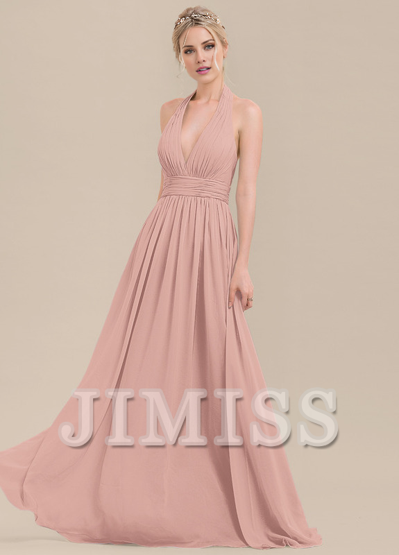 Ruffled A-Line Halter Neck Floor Length Chiffon Bridesmaids Dress