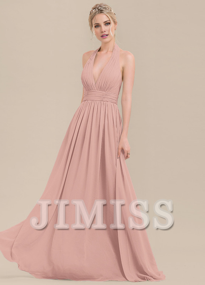 Ruffled A-Line Halter Neck Floor Length Chiffon Bridesmaids Dress