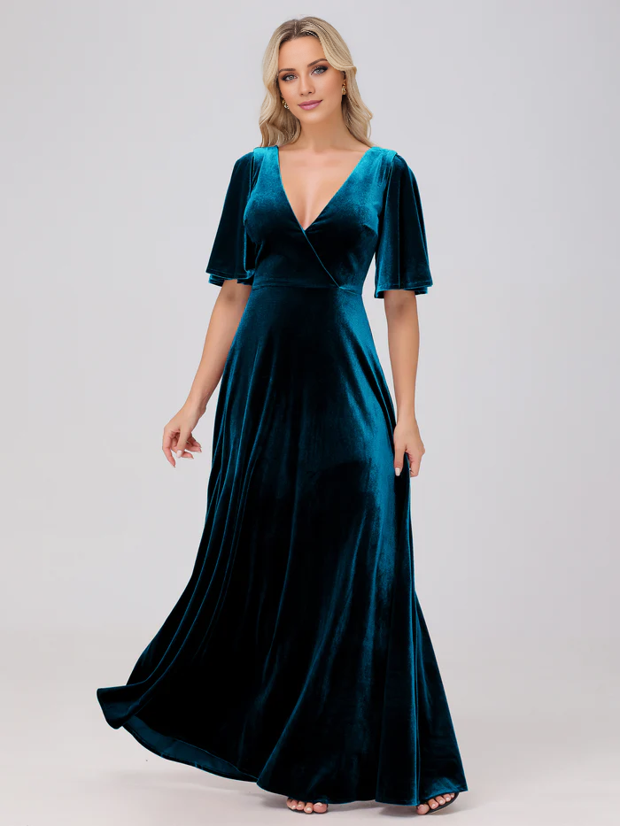 A-line V-neck short sleeved velvet and floor length bridesmaid dress