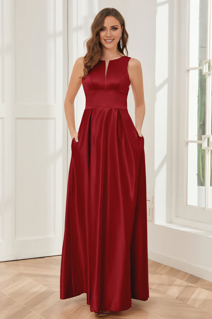A-line sleeveless satin and floor length bridesmaid dress