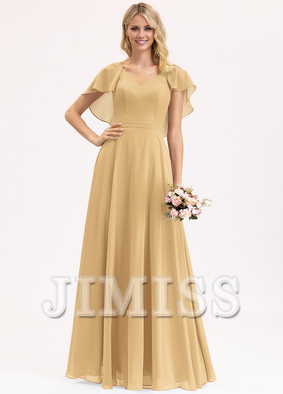 Tiered Ruffle A-Line V-Neck Floor-Length Chiffon Bridesmaids Dress