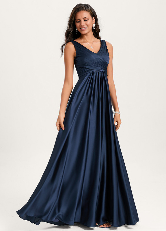 Ruffled A-line V-neck Floor-length Satin Bridesmaids Dress