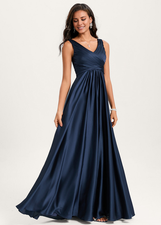 Ruffled A-line V-neck Floor-length Satin Bridesmaids Dress