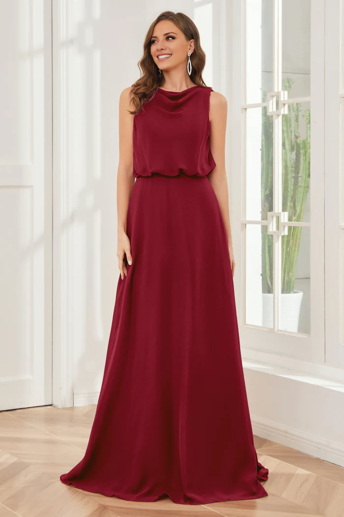 Pillar style wind neck sleeveless chiffon and floor length bridesmaid dress