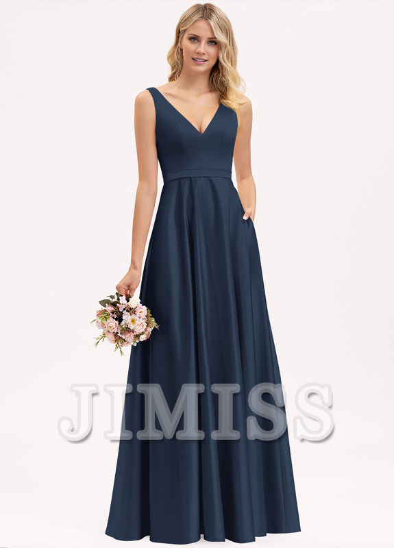 A-line V-neck floor-length satin bridesmaid dress