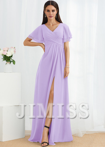 A-line V-neck floor-length chiffon bridesmaid dress