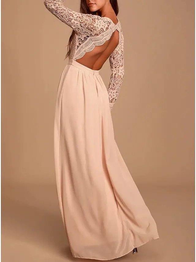 A-Line Plunging Neck Floor Length Chiffon / Lace Bridesmaid Dress with Lace / Pleats - RongMoon