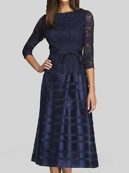 A-Line Mother of the Bride Dress Elegant Jewel Neck Tea Length Nylon Lace 3/4 Length Sleeve with Sash / Ribbon - RongMoon