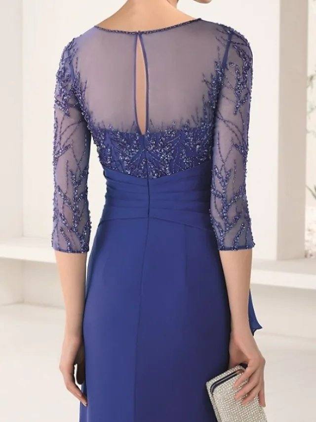 Sheath / Column Mother of the Bride Dress Elegant Jewel Neck Floor Length Chiffon Lace Tulle 3/4 Length Sleeve with Beading Appliques - RongMoon