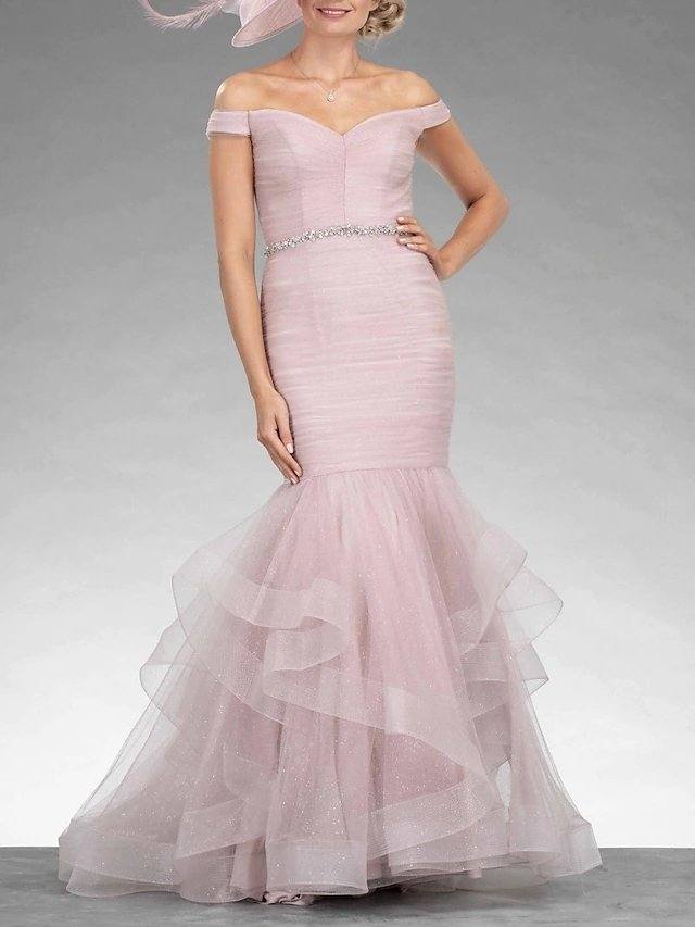 Mermaid / Trumpet Mother of the Bride Dress Elegant Sexy Off Shoulder Floor Length Tulle Short Sleeve with Tier Crystal Brooch Ruching - RongMoon