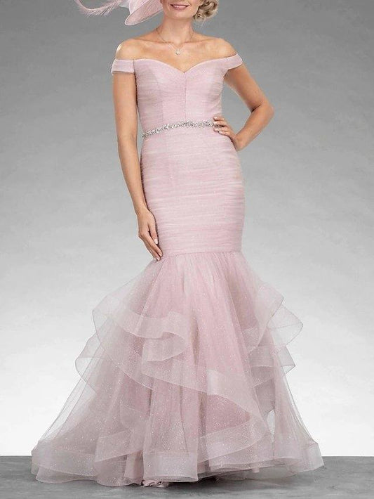 Mermaid / Trumpet Mother of the Bride Dress Elegant Sexy Off Shoulder Floor Length Tulle Short Sleeve with Tier Crystal Brooch Ruching - RongMoon