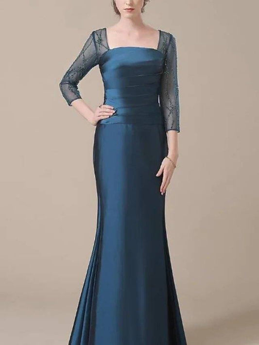 Mermaid / Trumpet Mother of the Bride Dress Elegant Jewel Neck Floor Length Satin 3/4 Length Sleeve with Ruching - RongMoon