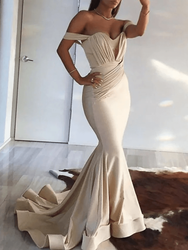 Mermaid / Trumpet Minimalist Sexy Wedding Guest Formal Evening Dress Off Shoulder Sleeveless Court Train Spandex with Pleats Ruched - RongMoon