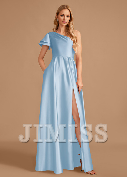A-line one-shoulder floor-length satin bridesmaid dress