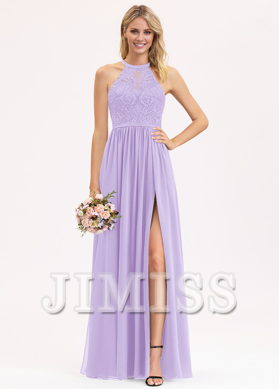 A-line Scoop Neck Floor Length Lace Chiffon Bridesmaids Dress