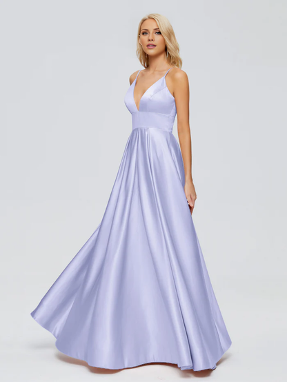 V-neck thin shoulder strap satin and floor length bridesmaid dress