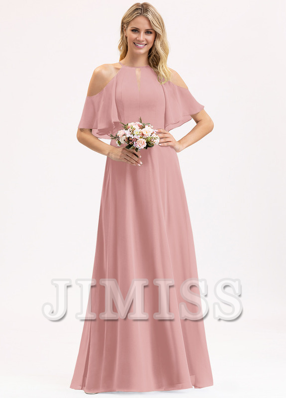 A-line off-the-shoulder scoop neck floor-length chiffon bridesmaid dress