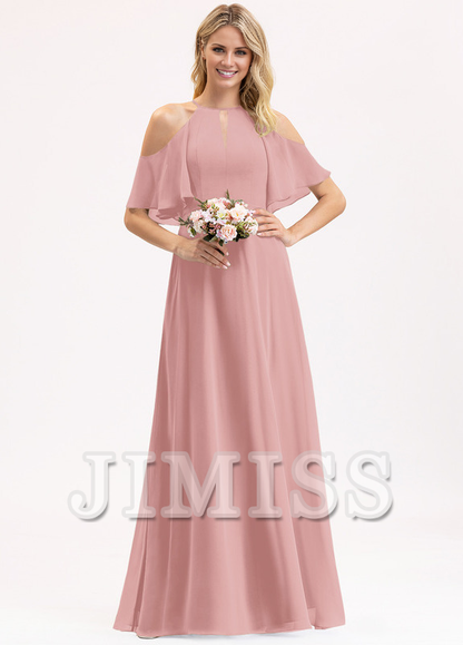 A-line off-the-shoulder scoop neck floor-length chiffon bridesmaid dress