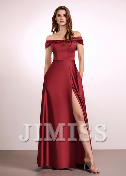 A-Line Off-The-Shoulder Floor-Length Satin Bridesmaids Dress
