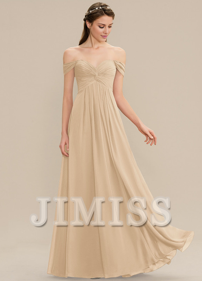 Ruffled A-line Off-the-shoulder Floor-length Chiffon Bridesmaids Dress