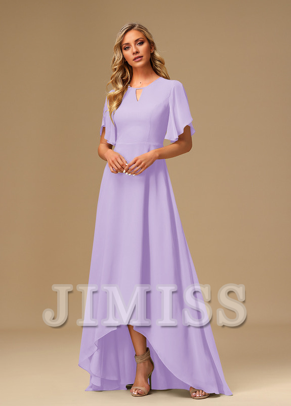 Ruffled A-line Boat Neck Asymmetric Chiffon Bridesmaids Dress
