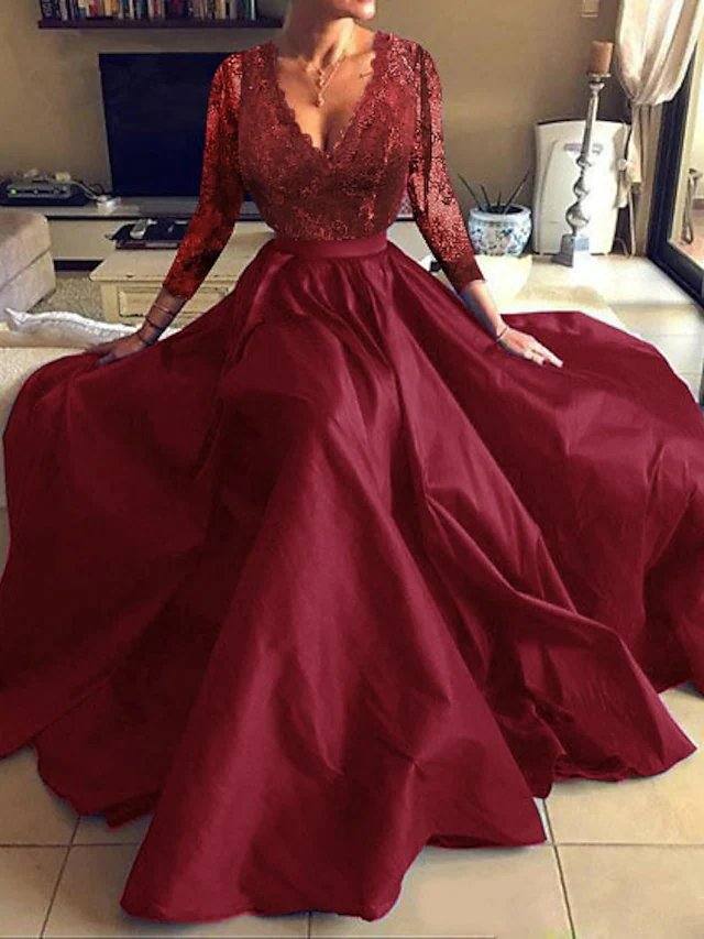 A-Line Luxurious Elegant Party Wear Formal Evening Dress V Neck Long Sleeve Floor Length Tulle with Pleats Appliques - RongMoon