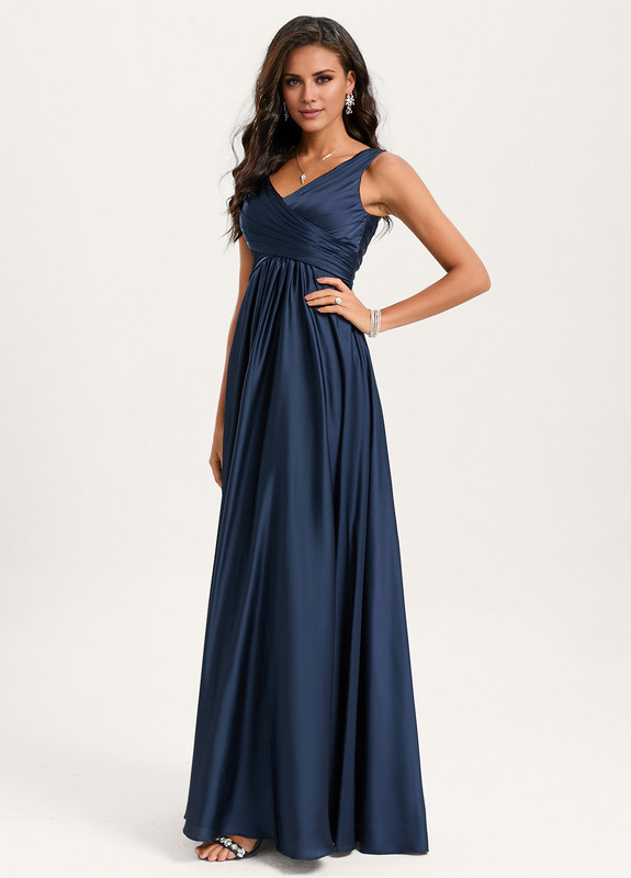 Ruffled A-line V-neck Floor-length Satin Bridesmaids Dress