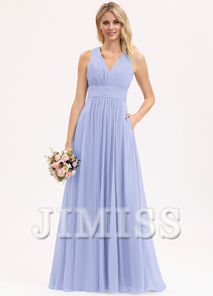 Bow Ruffle A-Line V-Neck Floor Length Chiffon Bridesmaids Dress