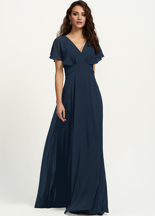 A-line V-neck floor-length chiffon bridesmaid dress
