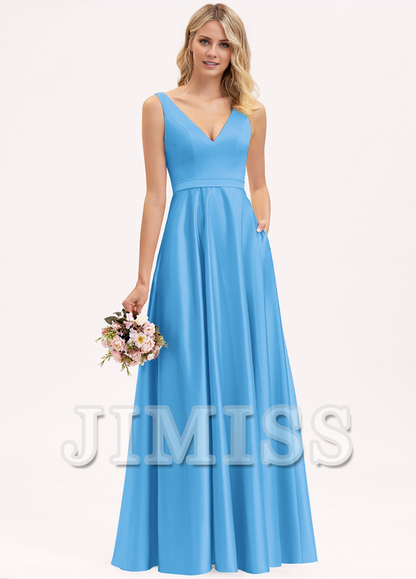 A-line V-neck floor-length satin bridesmaid dress