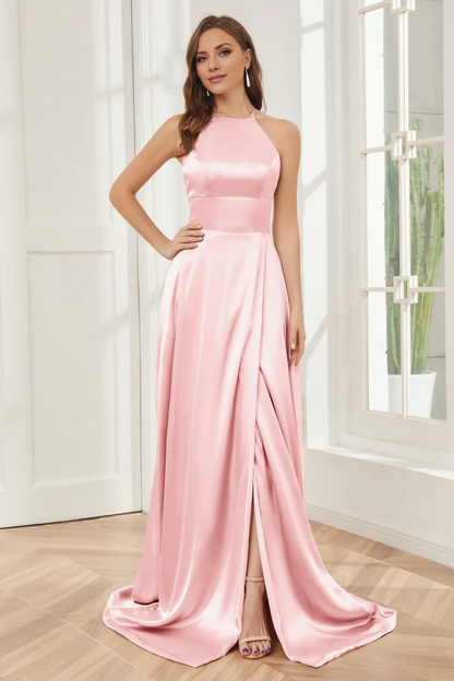 Column neck hanging soft satin and floor length bridesmaid dress