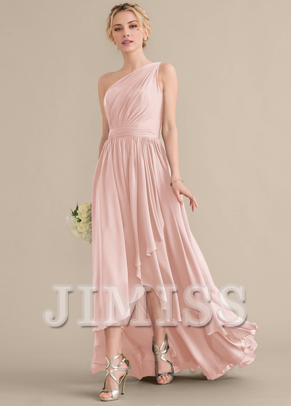 Tiered Ruffle A-Line One Shoulder Asymmetric Chiffon Bridesmaids Gown