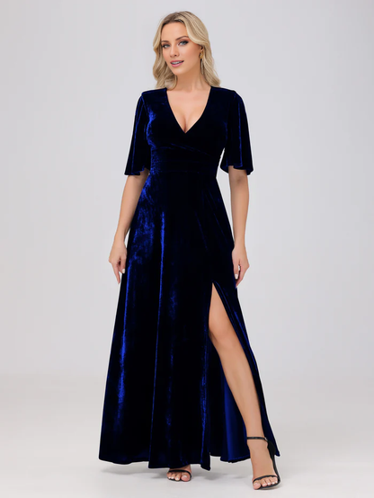 A-line V-neck short sleeved slit velvet and floor length bridesmaid dress