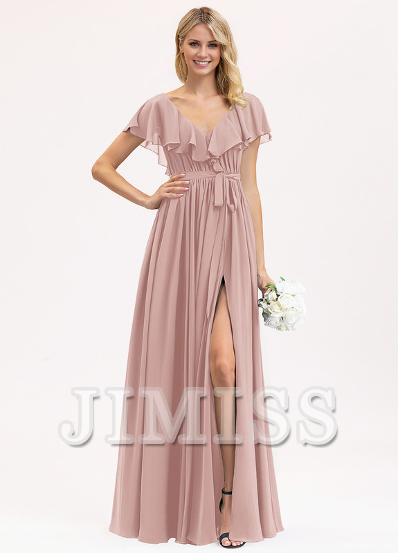 A-line V-neck floor-length chiffon bow tiered ruffle bridesmaid dress