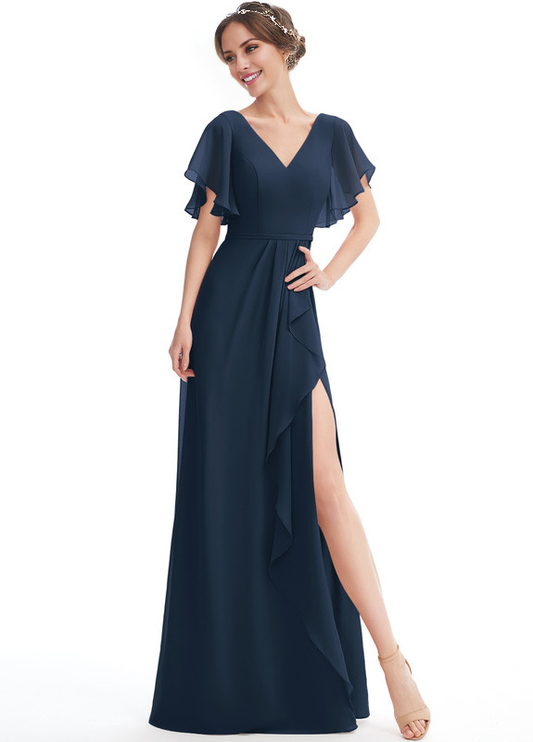 Ruffled A-line V-neck Floor-length Chiffon Bridesmaids Dress