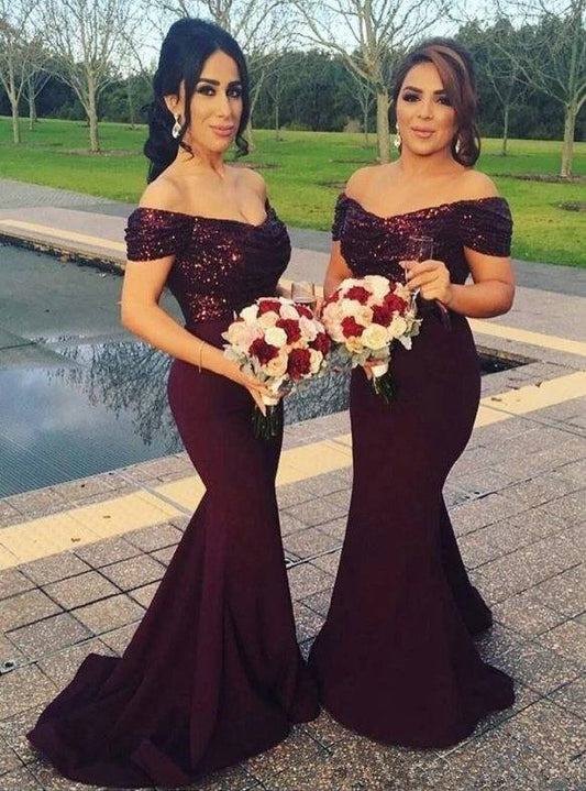 Burgundy Bridesmaid Dresses For Women Mermaid Off The Shoulder Sequins Long Cheap Under 50 Wedding Party Dresses - RongMoon