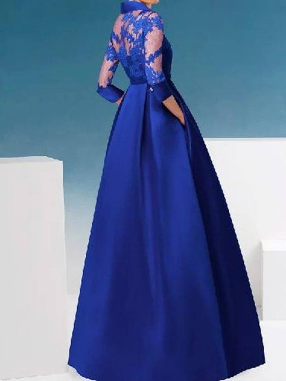 A-Line Mother of the Bride Dress Elegant Shirt Collar Floor Length Lace Satin 3/4 Length Sleeve with Appliques Split Front - RongMoon