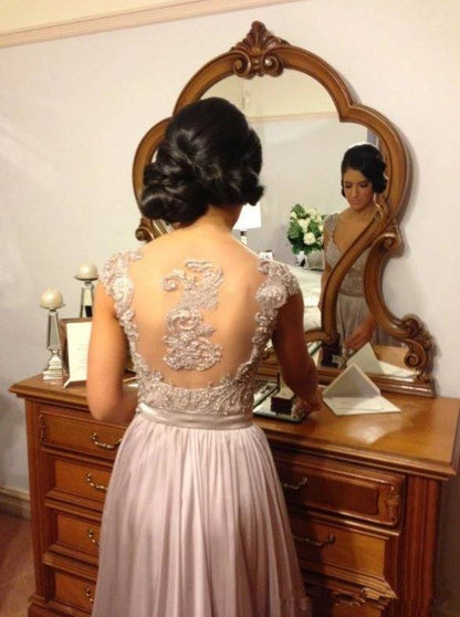 See Through Bridesmaid Dresses For Women A-line Cap Sleeves Chiffon Lace Long Cheap Under 50 Wedding Party Dresses - RongMoon