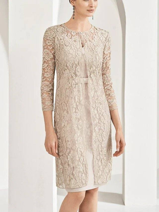 Two Piece Sheath / Column Mother of the Bride Dress Elegant V Neck Knee Length Lace Satin 3/4 Length Sleeve with Sash / Ribbon Bow(s) - RongMoon