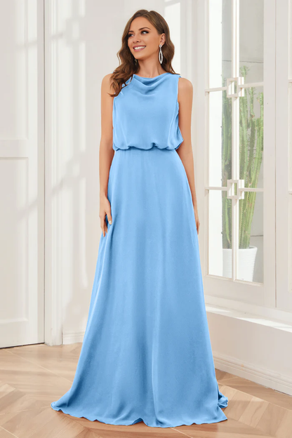 Pillar style wind neck sleeveless chiffon and floor length bridesmaid dress